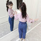 Girls' Spring and Autumn Suits Korean Version Cute and Sweet Style Suits Bow Tie Decoration Long-sleeved Shirts and Jeans Two-piece Suits