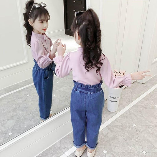Girls' Spring and Autumn Suits Korean Version Cute and Sweet Style Suits Bow Tie Decoration Long-sleeved Shirts and Jeans Two-piece Suits