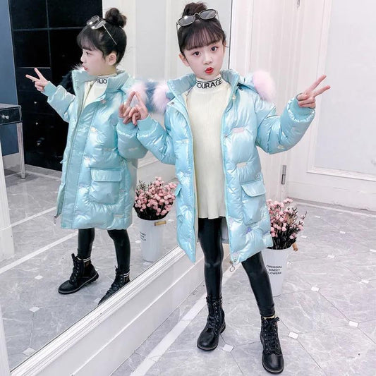 Girls' Winter Cotton-padded Clothes Children's Plus Velvet and Thick Mid-length Down Coat Bright and Wash-free Cotton-padded Jackets