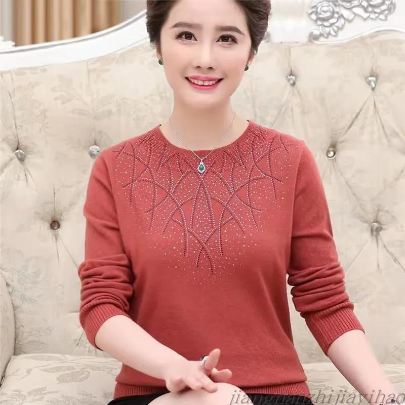 Women's Round Neck Pullover Knitwear Fashion Diamond Neckline Long Sleeve Sweater Large Size Loose Sweater