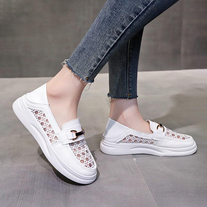 Women's Casual Flat White Shoes All-match Thin Section Breathable Loafers Women's Hollow Leather Shoes Comfortable and Breathable