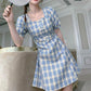 Waist Blue Plaid Dress Female Middle Length Retro Slim Square Neck Little Fresh High Waist Bubble Sleeve A-line Dress