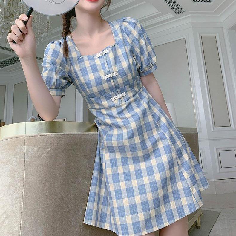 Waist Blue Plaid Dress Female Middle Length Retro Slim Square Neck Little Fresh High Waist Bubble Sleeve A-line Dress