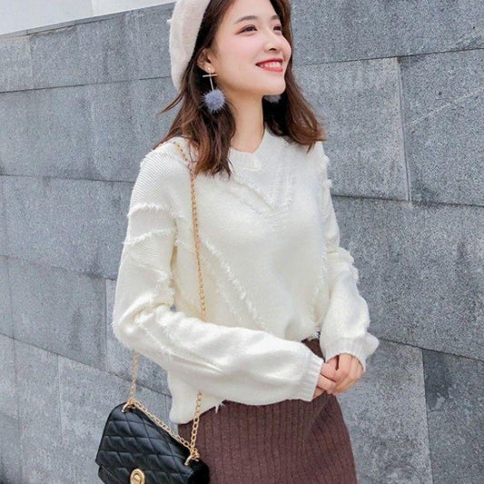 Knitted Sweater Women Autumn and Winter Loose Women's Korean Style Long-sleeved Pullover Tassel V-neck Knitted Bottoming Shirt