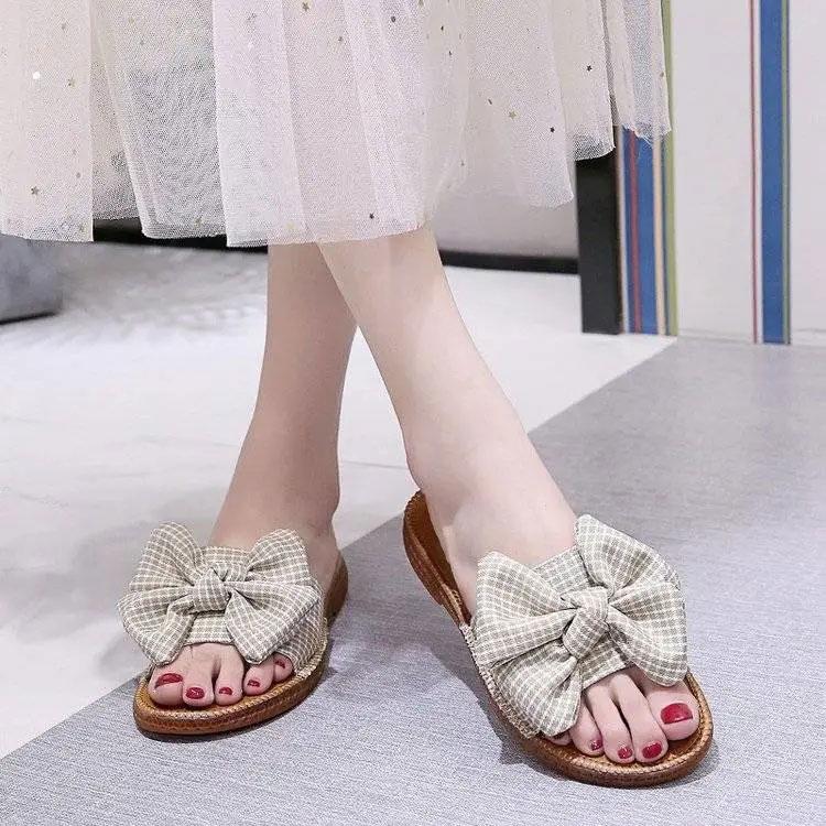 Women's Summer Outer Wear Slippers Beach Flat Bottom Beef Tendon Soft Bottom Pregnant Women Sandals Bow Flip-flops Bathroom Slippers