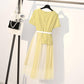 Pofulove Summer Plus Size Dress Female Slim Mesh Stitching Dress with Belt Long Maxi Dress Party