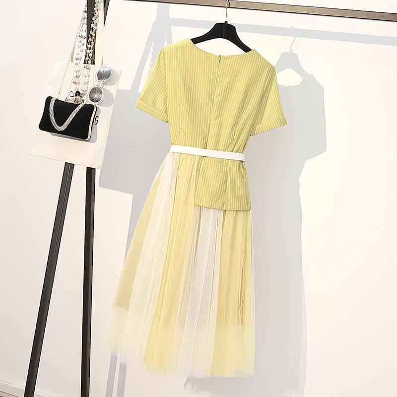 Pofulove Summer Plus Size Dress Female Slim Mesh Stitching Dress with Belt Long Maxi Dress Party