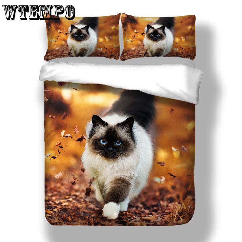 3pcs Cute 3D Autumn Cat Cat Print Duvet Cover Pillow Case Zipper Kids Bedding Set Bedclothes
