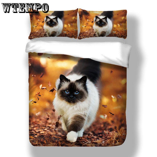 3pcs Cute 3D Autumn Cat Cat Print Duvet Cover Pillow Case Zipper Kids Bedding Set Bedclothes