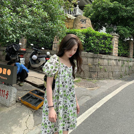 Female Vintage High Waist Super Fairy Holiday Dress Elegant Slim Chiffon Floral Print Short Dress