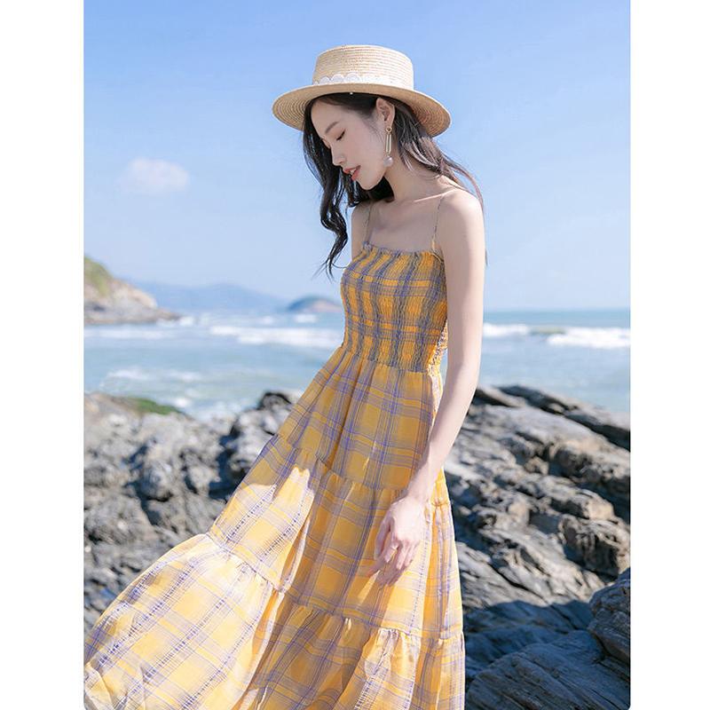 Plaid Chiffon Suspender Skirt Dress Female Summer Long French Style Over-the-knee Retro Fashion Dress