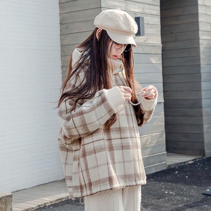 Autumn and Winter Plus Velvet Thick knitwear Plaid Loose Turtleneck Top Long Sleeve Base Sweater Women