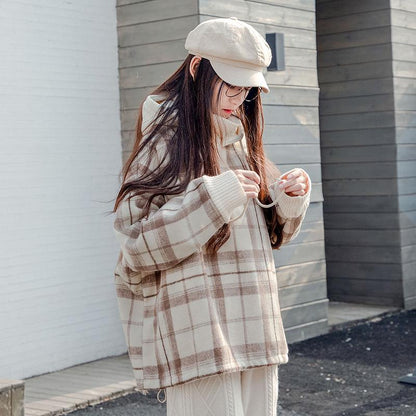 Autumn and Winter Plus Velvet Thick knitwear Plaid Loose Turtleneck Top Long Sleeve Base Sweater Women
