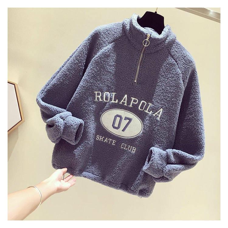 Faux Lamb Wool Plus Fleece Sweater Autumn and Winter Loose Half Zipper Coat Furry Padded Top