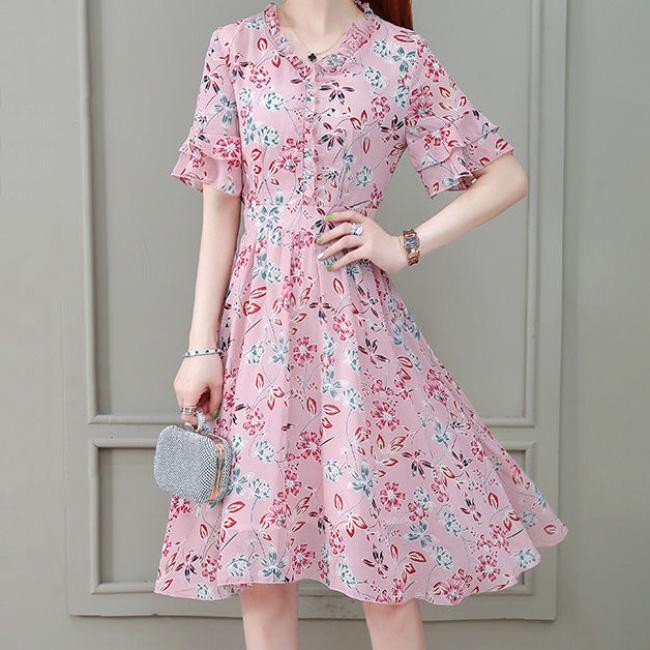 Summer Retro Chiffon Floral Dress Female Mid-length Lotus Leaf Sleeve V-neck Over-the-knee Dress
