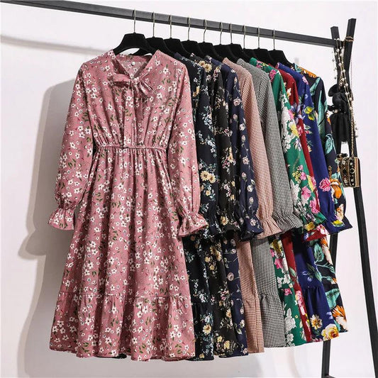 Women Dress Long Sleeve Casual Autumn DressKorean Style Vintage Floral Printed Chiffon Shirt Dress Bow Midi Summer Dress