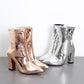 Thick-heeled Ankle Boots Women's Autumn Winter Pointed High-heeled Ankle Boot Silver Bright Leather Zipper Plus Velvet Martin Boots