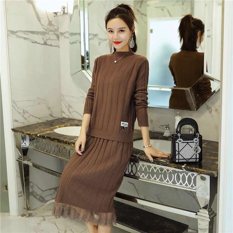 Women Sexy Winter Knitted Tops and Dress 2 Piece Set Fashion Lace DRESS and Sweater Two Piece Set