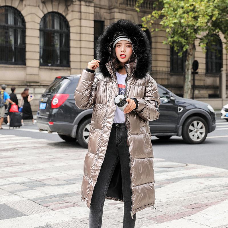 Women Long Oversize Blue Down Jackets Warm Thick Casual Loose Winter Jacket Fur Collar Hooded Coats Female Down Coats Solid Glossy Outwear