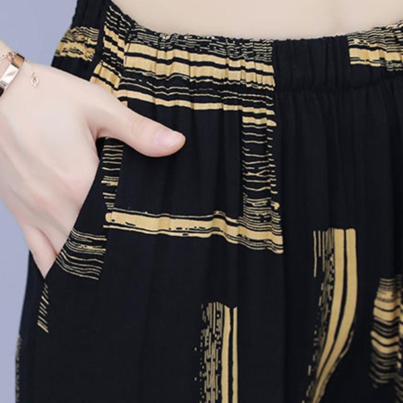 Black Printed Large Size Women's Summer Suit Casual Age-reducing Wide-leg Pants + Short-sleeved Round Neck Shirt Two-piece Set