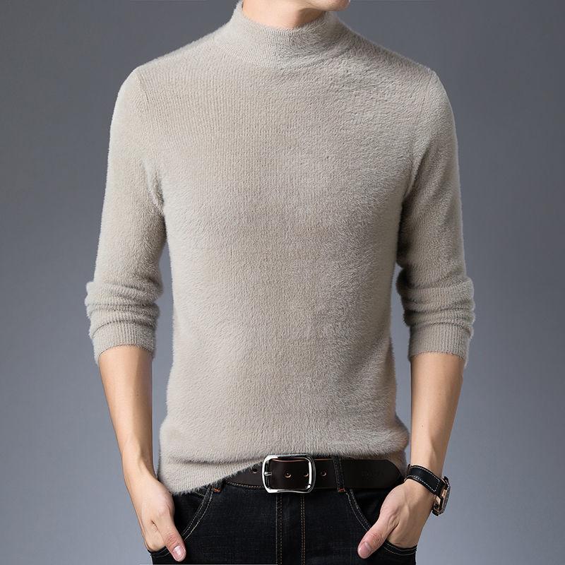 Men's Sweater Half High Neck Round Neck Casual Autumn and Winter Plus Velvet Thick Warm Knitted Bottoming Shirt