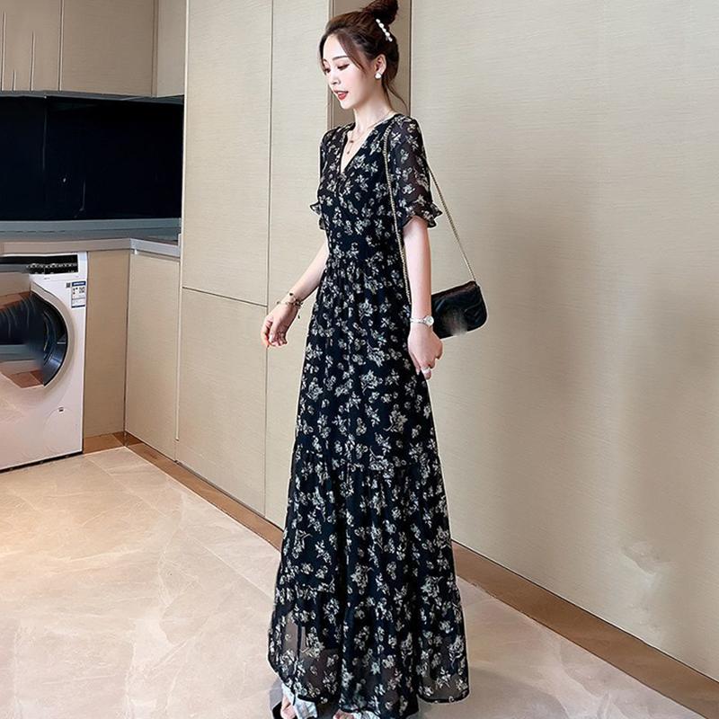 Chiffon Floral V-neck Dress Long Dress French Bellflower Ankle Long Dress Was Thin and Large Size Long Dress Ladies Chiffon Dress