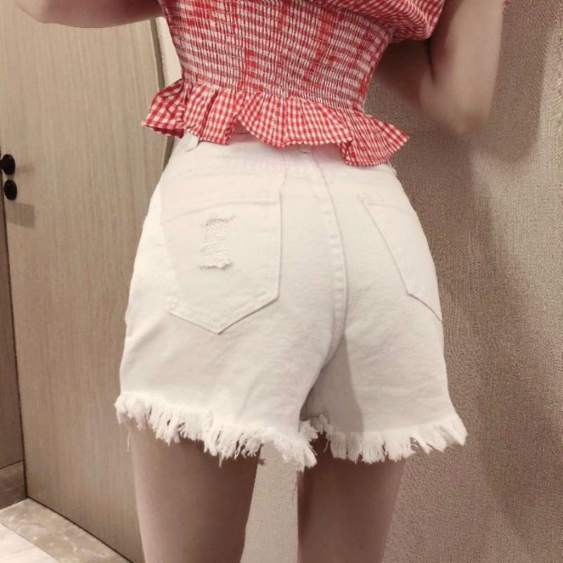 WTEMPO Net Red High Waisted Breasted Denim Shorts Female Summer Retro Slim Thin Hole Sexy Pants Tide