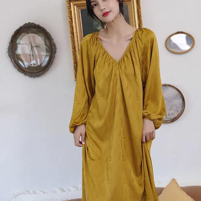 Women's Autumn Nightdress Ice Silk Backless Comfortable High Quality Pajamas Sexy Deep V Homewear Out Wear Loose Solid Color Printing Nightdress