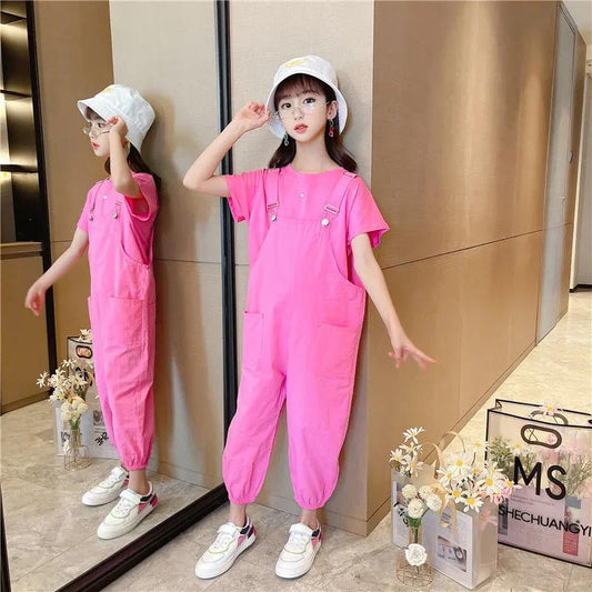 Girls Summer Bib Suit Short-sleeved Two-piece Suit Loose Western Style Breathable Big Boy Girl Student