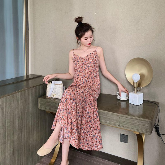 Floral Sling Skirt Cute Sweet Girl V-neck Mid-length Dress Sleeveless