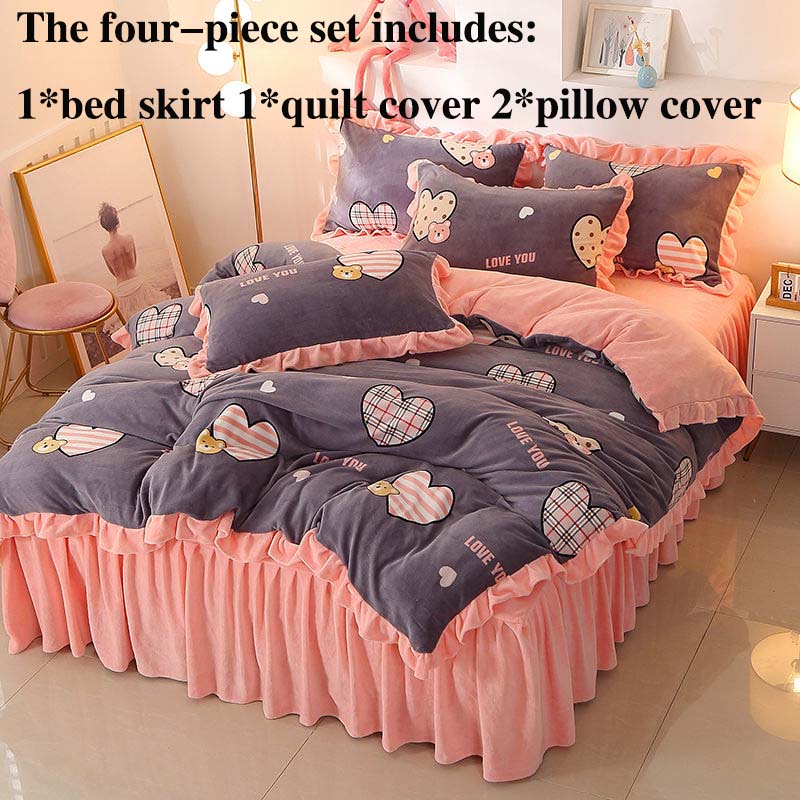 Thickened Milk Velvet Four-piece Bed Skirt Quilt Cover Pillowcase Plus Velvet Warmth Double-sided Quilt Cover Set Princess Celebrity Style
