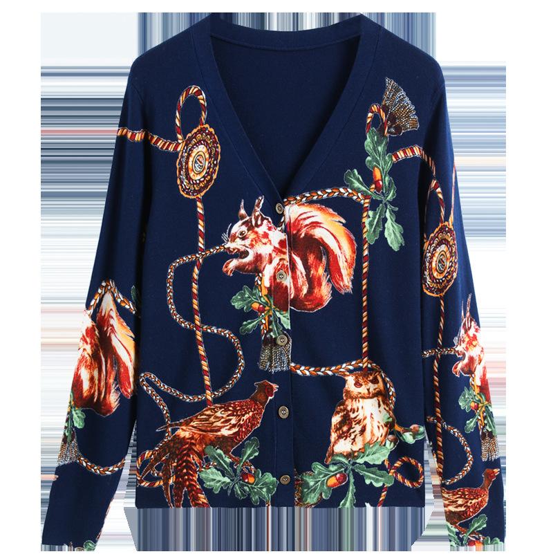 Printed Loose Sweater V-neck Wool Cardigan Sweater Jacket Women's Plus Size Knitted Coat