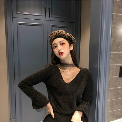 Pofulove Wild Stand-up Collar Net Gauze Style Slim Sexy Jacket Women Autumn and Winter Retro Chic