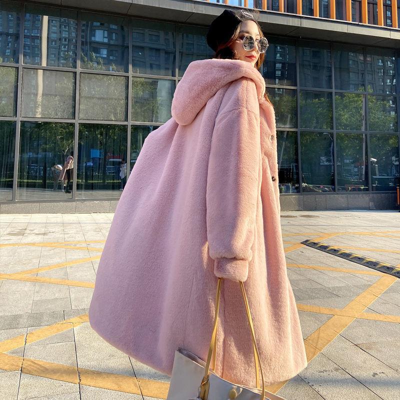 Oversized Winter Warm Hooded Large Size Long Solid Color Faux Fur Coat Casual Long Sleeve Women Fur Jacket Outwear