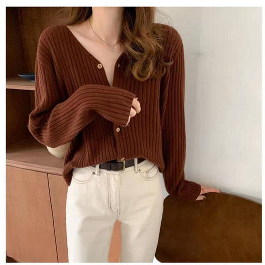 Autumn and Winter Cardigan Sweater European and American Style V-neck Blouse Long Sleeve Pure Color Youth Female Jacket