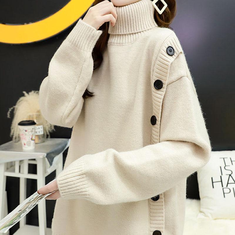 Autumn Winter Thick Warm Turtleneck  Sweater Women Casual Loose Button Knit Sweater Base or Outer Wear