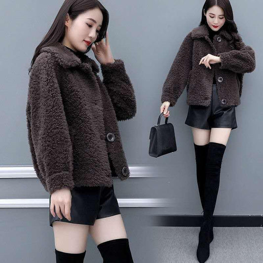 Winter Fur One-piece Imitation Lamb Fur Coat Women Loose Short Solid Color Thin Woolen Coat Women
