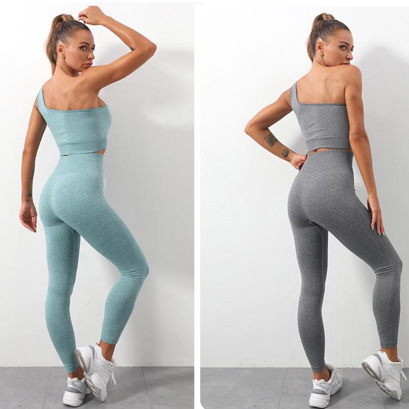 Women's Yoga Wear Sports Suit One Shoulder Vest Sports Bra Tight Pants Solid Color Gym Running Fitness Suit Tracksuit Active Athletic Clothing Sets