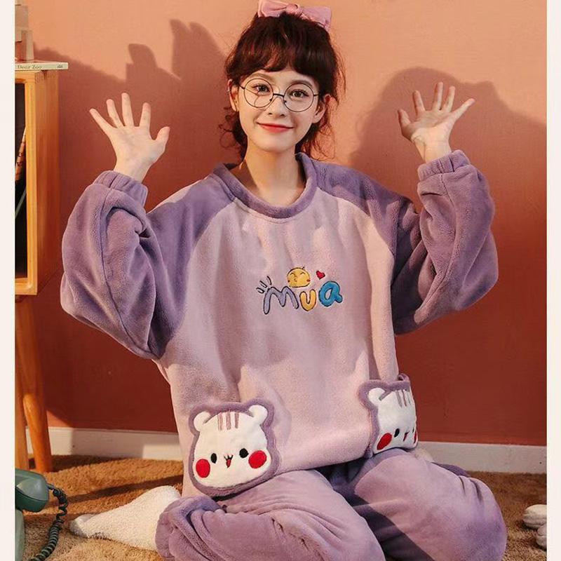 Winter Plus Velvet Coral Fleece Pajamas Set for Women Cartoon Printing Thick Plush Flannel Home Wear Warm Suit Loose Comfortable Sleeping Suit