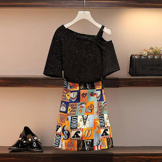 2 Pieces Ladies Suit Skirt Spring and Summer Sling Short Sleeve Sling Strapless Mid-length Casual Vacation Office Home