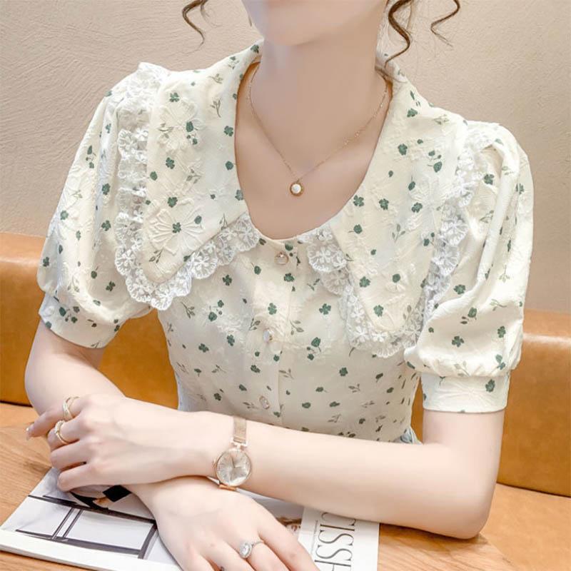 Floral Bubble Short-sleeved Top Design Sense Niche French Sweet Doll Collar Top Women
