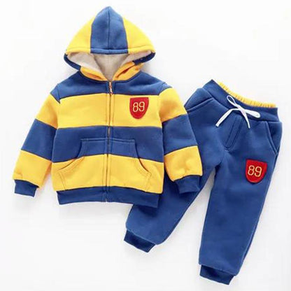 Boys and Girls Winter Plus Velvet Thick Sweater Cotton-padded Clothes Suit Children's Two-piece Printed Hooded Warm Cotton Clothing