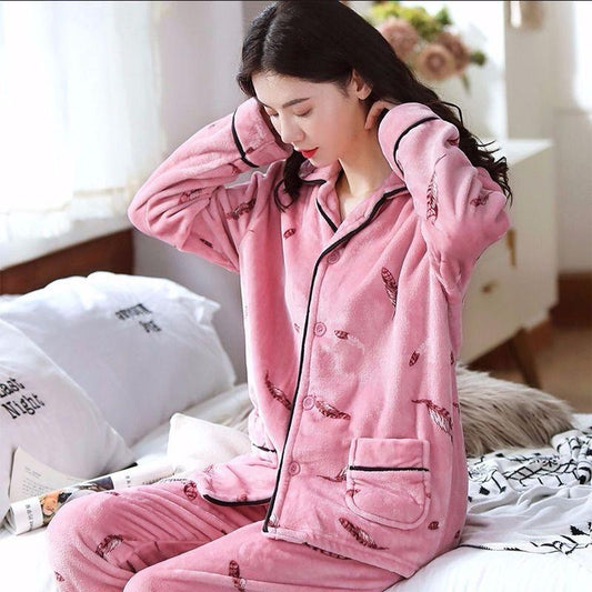 Pajamas Autumn Women's Flannel Thickening Suit Spring Autumn Winter Cardigan Coral Fleece Cute Home Clothes Simple and Generous