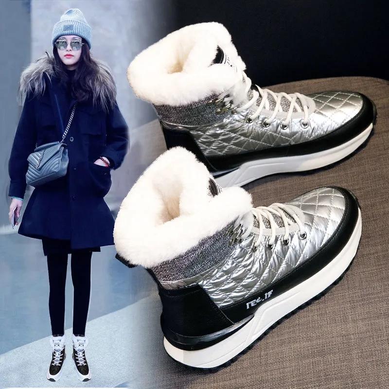 Leather Snow Boots Woman Autumn and Winter Plus Velvet Thick Cotton Casual High-top Shoes Non-slip Martin Boots