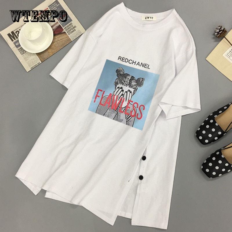 WTEMPO Plus size Print Long T shirts Summer Women Loose Slit Femme Tshirt Short sleeve Ladies t-shir