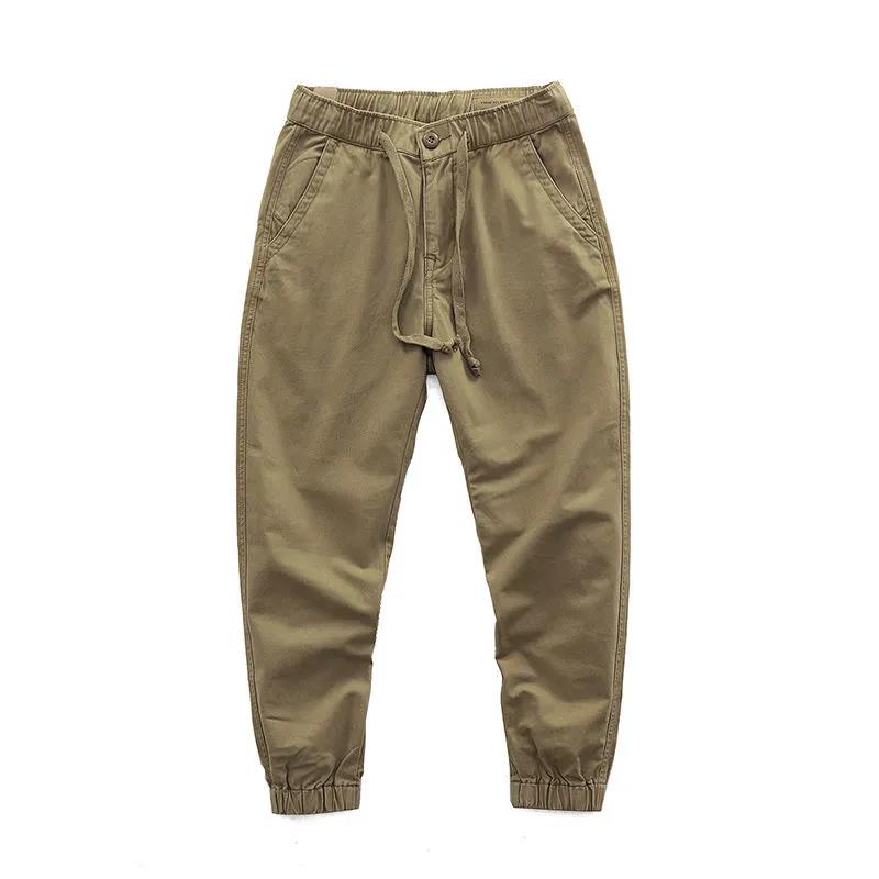 Retro Casual Overalls Pure Cotton Loose Straight Sports Nine-point Drawstring Trousers Men