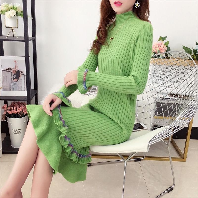 Autumn and winter fashion trend half high neck knitted dress mini sexy evening dress Korean slim long female sweater