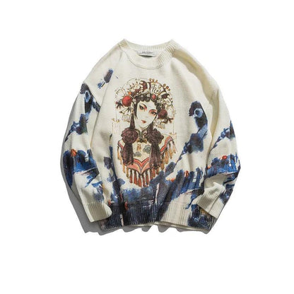 Men's Round Neck Sweater Slim-fit Chinese Style Printed and Dyed Pullover Sweater Street Loose Bf Style Casual Knit Sweater Top Suitable for Teenagers