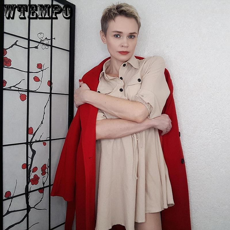 Solid Womens Mini Dress Long Sleeve Pocket Loose Dresses Ladies Autumn Casual Retro Vestidos
