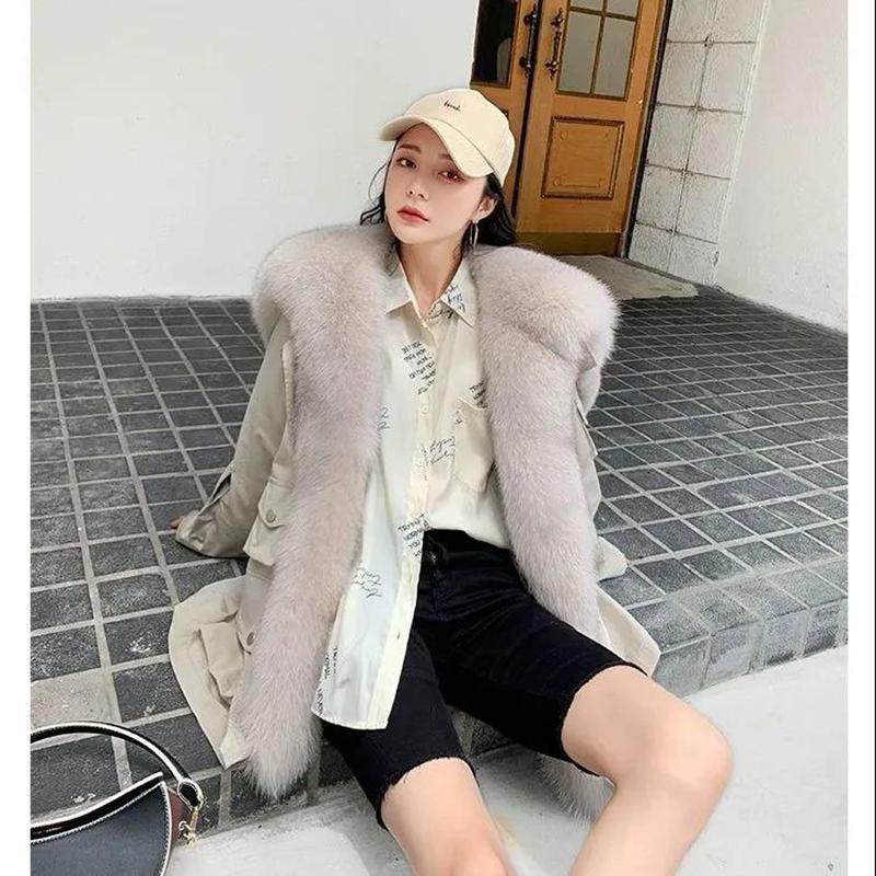 Parker Overcome Women's Detachable Imitation Fox Large Fur Collar Plush Liner Short Faux Fur Jacket Women's Warm Loose Large Size Cotton Jacket